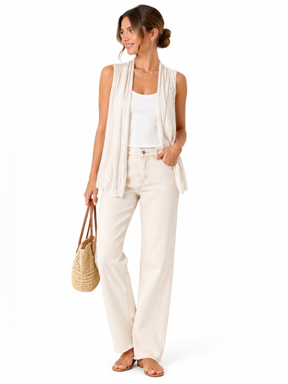 Cream Open Knit Cardigan Vest Sleeveless Lightweight Neutral Layering